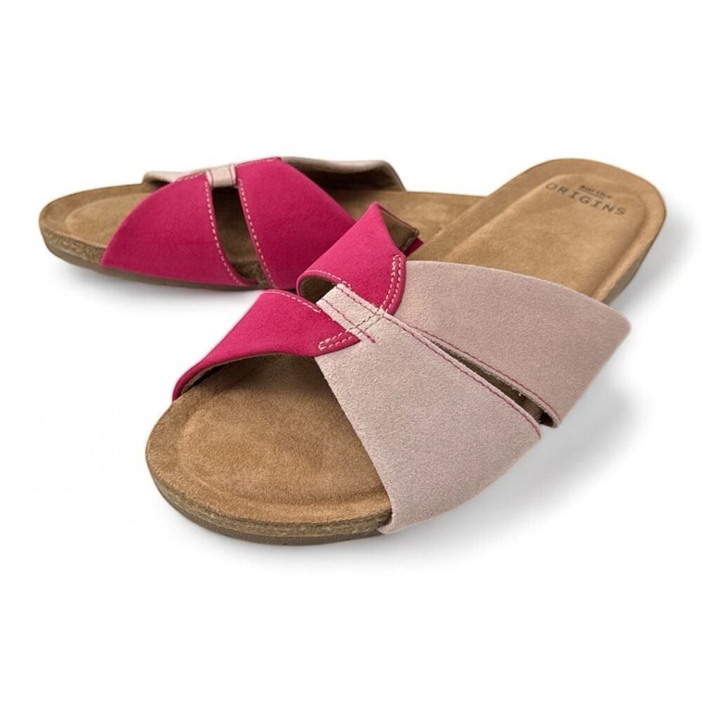 Earth Origins Color Block Pink Suede Comfort Slide Sandals - Size 10W - Picture 2 of 10